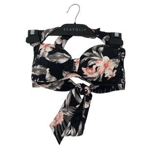 Seafolly Womens Pacifico Black Floral Bikini Halter Top Swimsuit Size 4 DD Cup